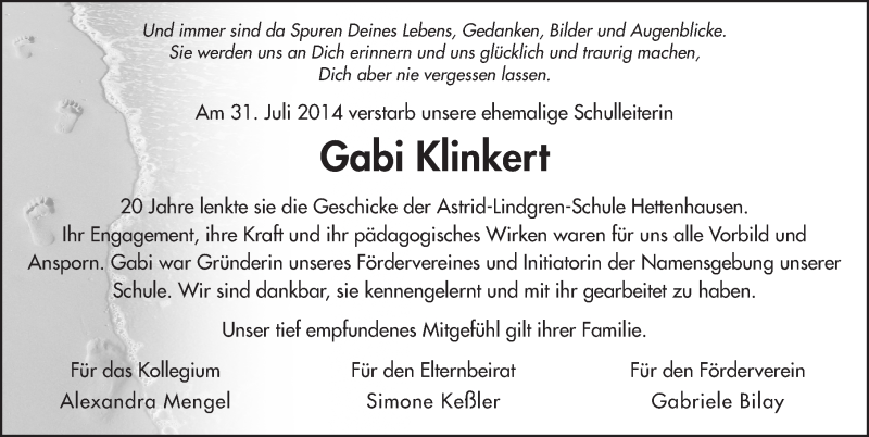  Traueranzeige für Gabi Klinkert vom 15.08.2014 aus 