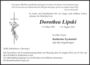 Traueranzeige von Dorothea Lipski 
