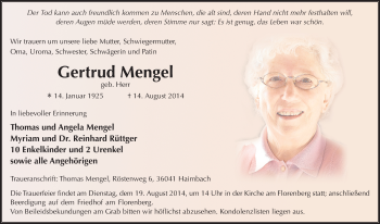 Traueranzeige von Gertrud Mengel 