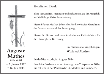 Traueranzeige von Auguste Mathes 