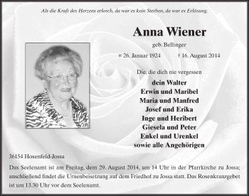 Traueranzeige von Anna Wiener 