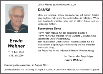 Traueranzeige von Erwin Wehner 