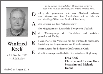 Traueranzeige von Winfried Kreß 