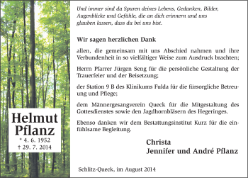 Traueranzeige von Helmut Pflanz 