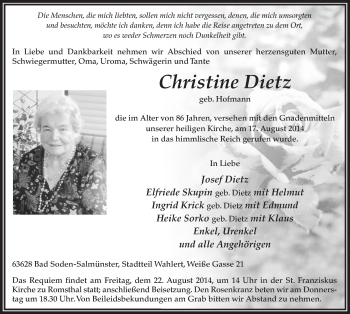 Traueranzeige von Christine Dietz 
