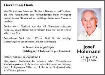Traueranzeige von Josef Hohmann 