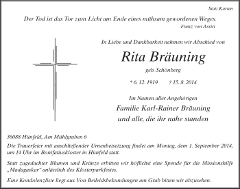 Traueranzeige von Rita Bräuning 