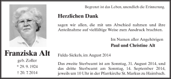 Traueranzeige von Franziska Alt 