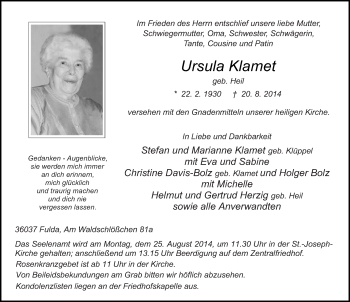 Traueranzeige von Ursula Klamet 