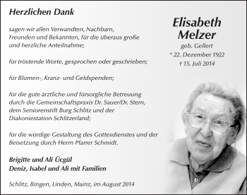 Traueranzeige von Elisabeth Melzer 