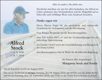 Traueranzeige von Alfred Stock 