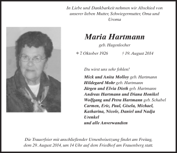 Traueranzeige von Maria Hartmann 