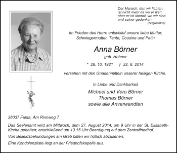 Traueranzeige von Anna Börner von Fuldaer Zeitung