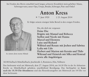 Traueranzeige von Anton Kress 