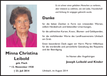 Traueranzeige von Minna Christina Leibold 