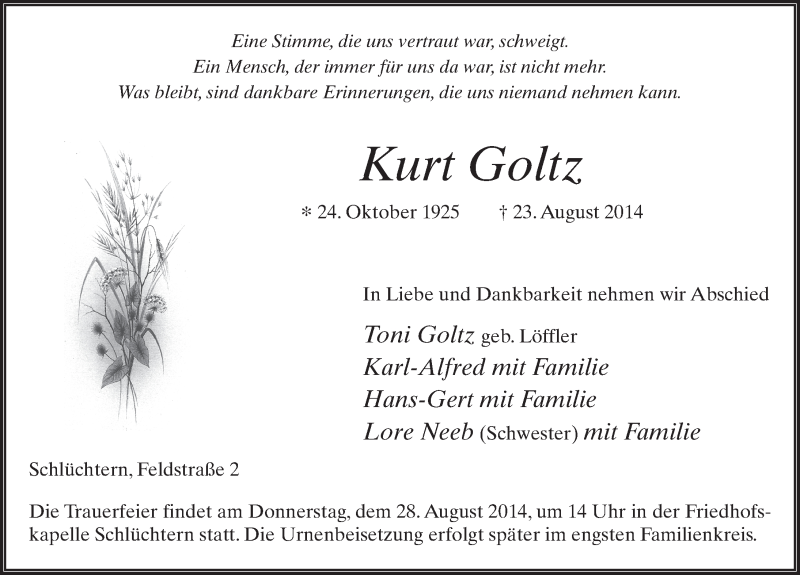  Traueranzeige für Kurt Goltz vom 26.08.2014 aus 