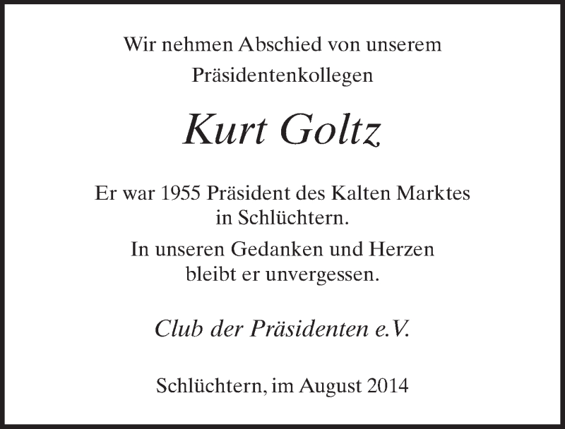  Traueranzeige für Kurt Goltz vom 26.08.2014 aus 