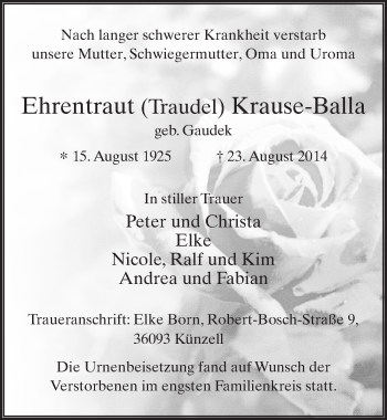 Traueranzeige von Ehrentraut Krause-Balla 