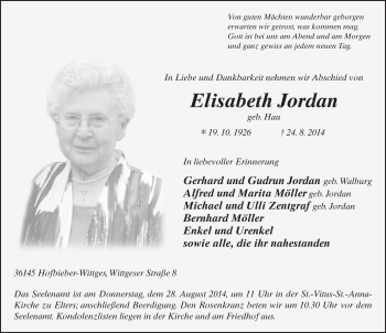 Traueranzeige von Elisabeth Jordan 