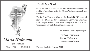 Traueranzeige von Maria Hofmann 