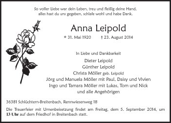 Traueranzeige von Anna Leipold 