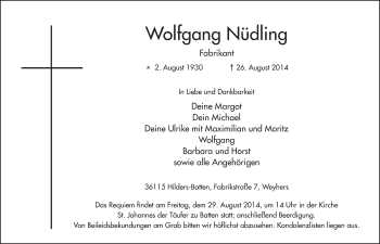 Traueranzeige von Wolfgang Nüdling 