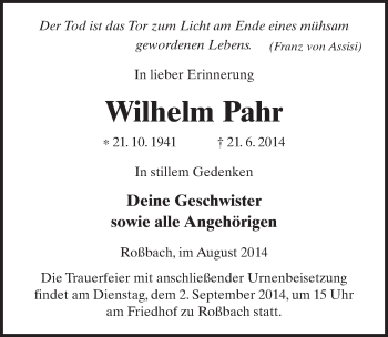 Traueranzeige von Wilhelm Pahr 