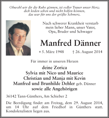 Traueranzeige von Manfred Dänner 