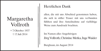 Traueranzeige von Margaretha Vollroth 