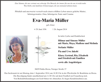 Traueranzeige von Eva-Maria Müller 