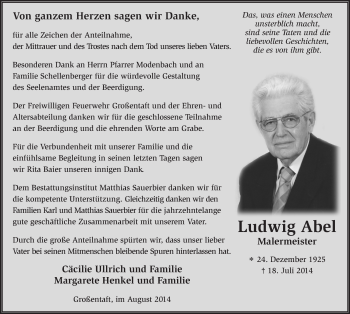 Traueranzeige von Ludwig Abel 