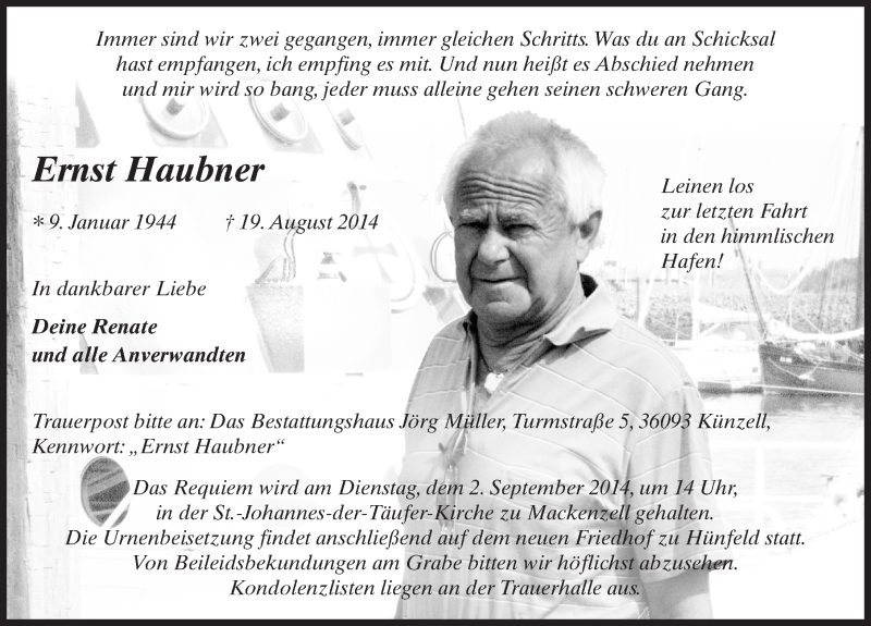  Traueranzeige für Ernst Haubner vom 29.08.2014 aus 