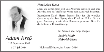 Traueranzeige von Adam Kreß von Fuldaer Zeitung