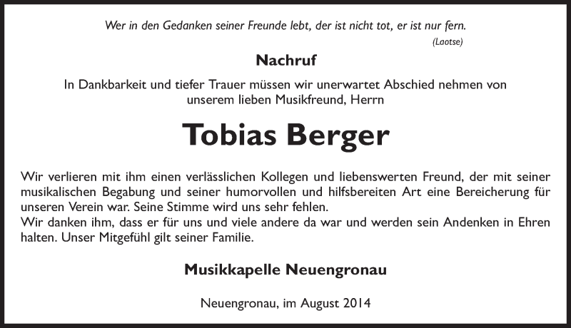  Traueranzeige für Tobias Berger vom 30.08.2014 aus 