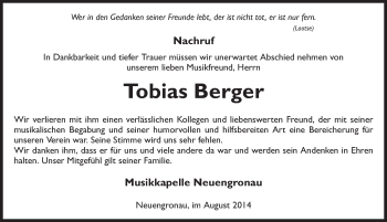 Traueranzeige von Tobias Berger 