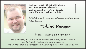 Traueranzeige von Tobias Berger 
