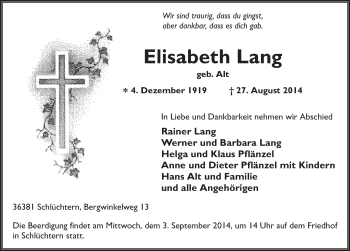 Traueranzeige von Elisabeth Lang 