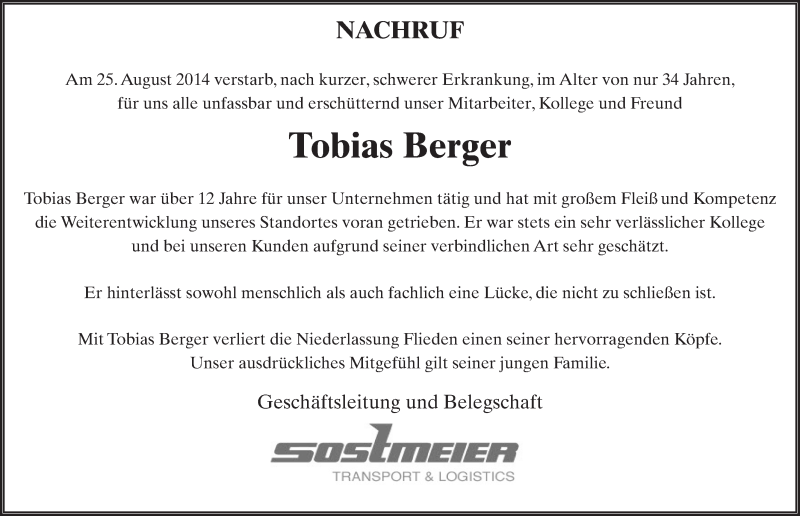  Traueranzeige für Tobias Berger vom 30.08.2014 aus 