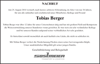 Traueranzeige von Tobias Berger 