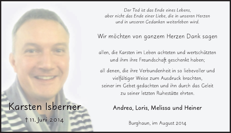  Traueranzeige für Karsten Isberner vom 30.08.2014 aus 
