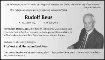 Traueranzeige von Rudolf Reus 