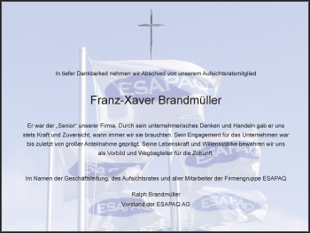 Traueranzeige von Franz-Xaver Brandmüller 