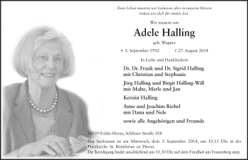 Traueranzeige von Adele Halling 