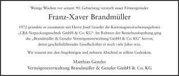Traueranzeige von Franz-Xaver Brandmüller 
