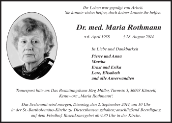 Traueranzeige von Maria Rothmann 