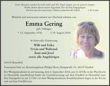 Traueranzeige von Emma Gering 