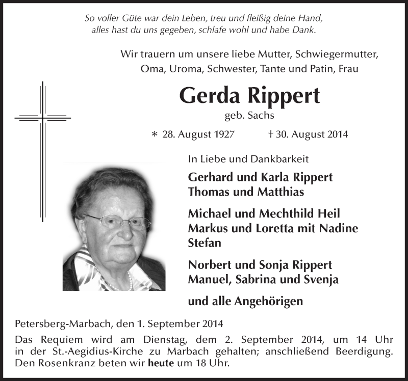  Traueranzeige für Gerda Rippert vom 01.09.2014 aus 