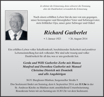 Traueranzeige von Richard Gutberlet 