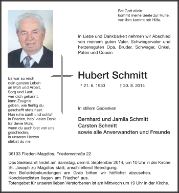 Traueranzeige von Hubert Schmitt 