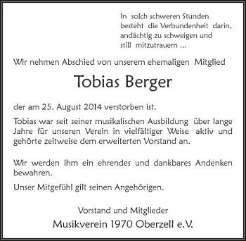 Traueranzeige von Tobias Berger 